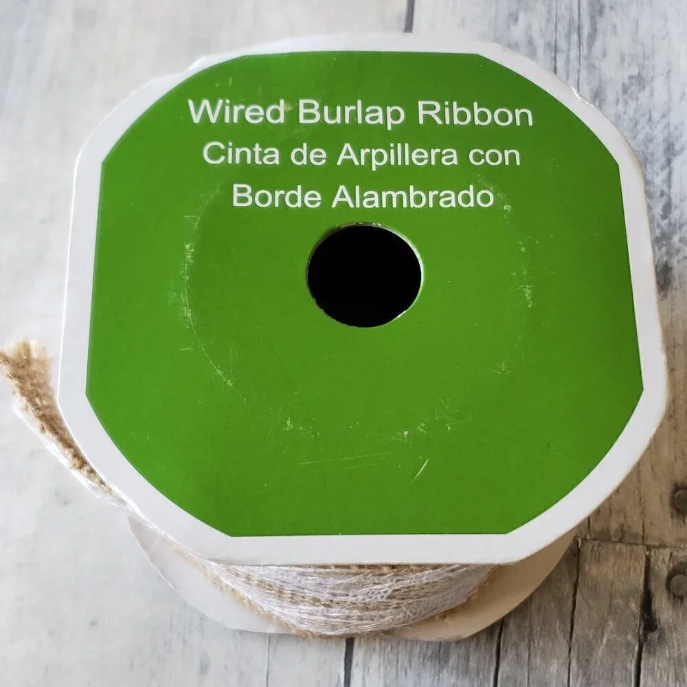 Wired Burlap Ribbon with Full White Lace Overlay - 2.5